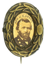 "GEN. U.S. GRANT." CARDBOARD PHOTO IN HIGH RELIEF BRASS SHELL FRAME WITH STICKPIN REVERSE.