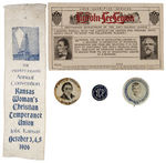 PROHIBITION: THREE BUTTONS, 1906 KANSAS RIBBON, LINCOLN-LEE LEGION PLEDGE CARD.