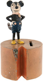 RARE MICKEY MOUSE ON CHEESE WHEEL PAINTED CAST  METAL STILL BANK.