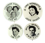 FOUR '50s SINGERS FAN CLUB BUTTONS INCLUDING FONTAINES, BILL HAYES.