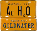 TEN GOLDWATER CAMPAIGN ITEMS: GLASSES, LICENSE PLATES, BUTTONS AND EPHEMERA.