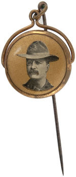 McKINLEY FOUR STICKPINS PLUS SPINNING CHARM SHOWING ROOSEVELT IN ROUGH RIDER UNIFORM.