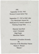 GIFT TO JFK SEPT. 27, 1963 INSCRIBED "JOHN F. KENNEDY/HIGH EAGLE/BLACKFEET NATION."