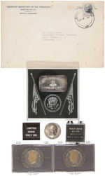 JFK 1964 FIRST DAY ISSUE COIN PRESENTED BY ASSISTANT SECRETARY OF TREASURY TO J. BRUNO AND RELATED.