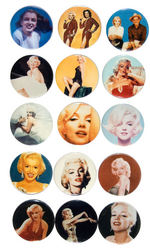 MARILYN MONROE 15 PORTRAIT & MOVIE ROLE UNLICENSED AND RARE 1980s BUTTONS.