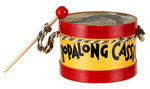 "HOPALONG CASSIDY" SMALL DRUM WITH PRINTED RUBBER HEADS AND STICK.