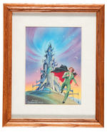 MAN RUNNING FROM SPACE TOWER BUILDING FRAMED ALEX SCHOMBURG ORIGINAL CONCEPT PAINTING.