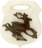 "JOHN DEERE PLOW CO." PAIR OF EARLY LAPEL STUDS PLUS COMPANY LOGO ON MOTHER OF PEARL FOB.