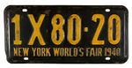 "NEW YORK WORLD'S FAIR 1940" LICENSE PLATE.