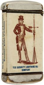 UNCLE SAM FULL FIGURE DISPLAYS LIGHTNING ROD ON CELLULOID WRAPPED MATCH SAFE.