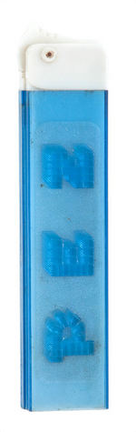 PEZ REGULAR WITH TRANSLUCENT BLUE STEM.