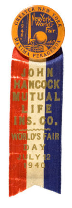 NYWF 1940 BUTTON WITH JOHN HANCOCK LIFE INS. CO. RIBBON.