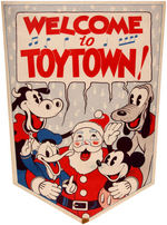 "TOYTOWN" DOUBLE-SIDED STORE SIGN FEATURING DISNEY CHARACTERS & SANTA CLAUS.