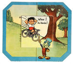 "JIMINY CRICKET ACTION FLIP" PAIR OF COMPLETE BREAD LABEL CARDS.