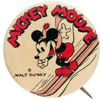 "MICKEY MOUSE" ON SKIS LITHO BUTTON COMPLETE WITH RARE BACKPAPER.