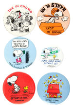 SIX PEANUTS AND SNOOPY BUTTONS INCLUDING 1966 CLASSIC "THE IN CROWD."