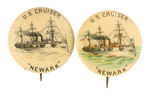 WARSHIP 1898 BUTTON IN TYPICAL COLOR & FIRST SEEN B/W VERSION.