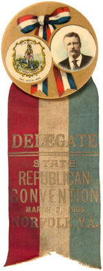 THEODORE ROOSEVELT LARGE BUTTON WITH RIBBON ISSUED FOR VIRGINIA REPUBLICAN CONVENTION 1904.