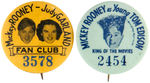 "MICKEY ROONEY-JUDY GARLAND FAN CLUB" BUTTON PLUS SECOND ROONEY MOVIE BUTTON.