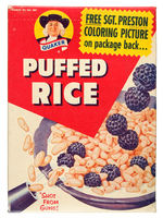 "QUAKER PUFFED RICE/SGT. PRESTON COLORING PICTURE" CEREAL BOX.