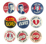 ELVIS PRESLEY SEVEN OF TEN BUTTONS IN SET PLUS TWO COLOR VARIETIES.