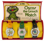 "OSCAR THE GROUCH" BRADLEY WATCH SET IN CASE WITH BIG BIRD & COOKIE MONSTER WATCHES.