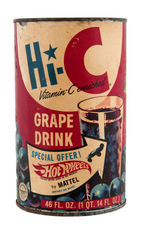 "HI-C GRAPE DRINK" CAN WITH HOT WHEELS LABEL OFFER.