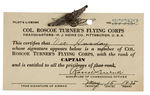 COL. ROSCOE TURNER'S FLYING CORPS COMPLETE SET OF WINGS PINS WITH MEMBERSHIP CARDS AND CERTIFICATE.