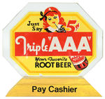 “TRIPLE AAA ROOT BEER”  GLASS COUNTER SIGN WITH WOODEN BASE.