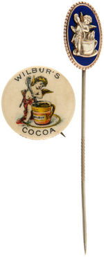 WILBUR'S COCOA 1ST BUTTON FROM 1896 PLUS 10K GOLD EARLY STICKPIN.