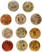 EARLIEST KNOWN ILLUSTRATED COMIC SAYINGS LAPEL STUDS C. 1896.