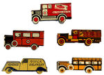 CRACKER JACK FIVE MINIATURE THREE DIMENSIONAL TIN VEHICLES.