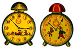 CRACKER JACK PAIR OF TIN BANKS DESIGNED AS ALARM CLOCKS.