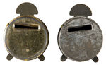 CRACKER JACK PAIR OF TIN BANKS DESIGNED AS ALARM CLOCKS.