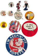 POPEYE CHARACTERS GROUP OF NINE BUTTONS AND TWO ENAMEL PINS.