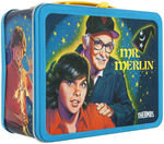 "HARDY BOY MYSTERIES" & "MR. MERLIN" UNUSED METAL LUNCHBOX PAIR WITH THERMOSES.