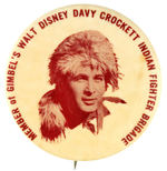 RARE GIMBEL'S DISNEY DAVY CROCKETT "INDIAN FIGHTER BRIGADE" CLUB BUTTON FROM HAKE COLLECTION.