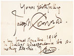 "LORD JIM" & "HEART OF DARKNESS" AUTHOR JOSEPH CONRAD 1914 DOUBLE SIGNED CARD.