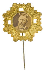 "R.B. HAYES" CARDBOARD PHOTO WITH ORNATE BRASS FRAME AND STICKPIN.