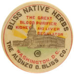 "BLISS NATIVE HERBS" RARE BUTTON CIRCA 1904 FROM CPB.