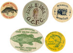 MILLS FISHING TACKLE RARE 1896 BUTTON PLUS FOUR OTHER FISHING RELATED ALL FROM CPB.