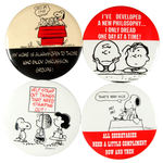 PEANUTS FOUR LARGE 6" BUTTONS BY SIMON SIMPLE DATED BETWEEN 1965-1970.