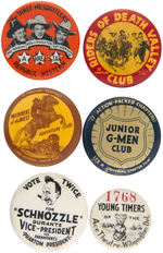 FOUR 1930s-1942 MOVIE SERIAL BUTTONS PLUS 1932 DURANTE BUTTON AND CLUB BUTTON.