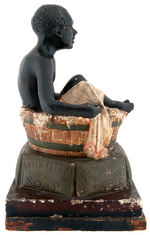 LARGE "SATIN GLOSS SOAP" PAINTED CAST PLASTER STORE DISPLAY WITH BLACK BOY IN TUB.