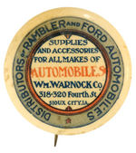 "DISTRIBUTORS OF RAMBLER AND FORD AUTOMOBILES" EARLY IOWA DEALERS BUTTON.