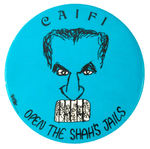 RARE ANTI-SHAH OF IRAN BUTTON WITH ART BY CARTOONIST JULES PFEIFFER.