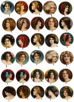 BEAUTIFUL LADIES EARLY CIGARETTE GIVE-AWAY BUTTONS 24 DIFFERENT WITH 6 DUPLICATES.