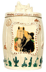 "HOPALONG CASSIDY COOKIE BARREL" COOKIE JAR WITH SADDLE LID.