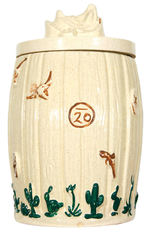 "HOPALONG CASSIDY COOKIE BARREL" COOKIE JAR WITH SADDLE LID.