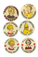 SIX CLASSIC COMIC CHARACTER PRODUCT ENDORSEMENT BUTTONS FROM 1930s.